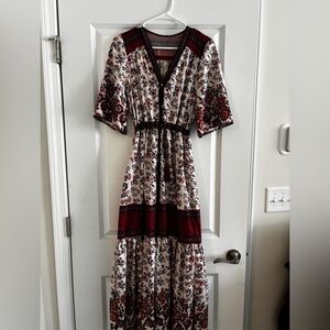 Boho floral Maxi dress burgundy cream Tassel tie waist